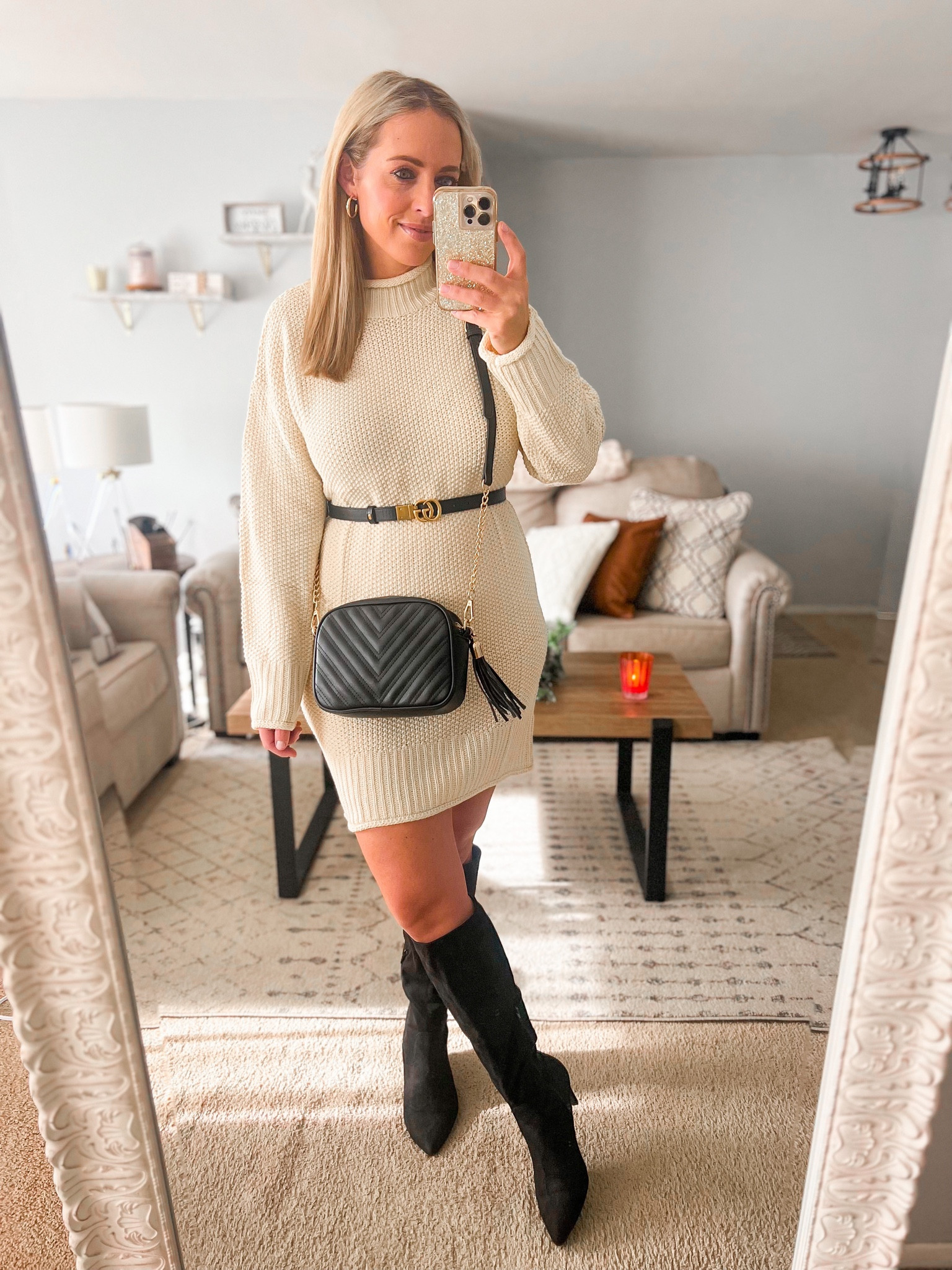 Thanksgiving outfit. Sweater dress. Boots 

#LTKunder100 #LTKshoecrush #LTKunder50