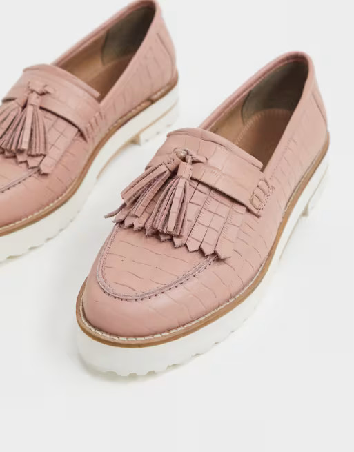 ASOS DESIGN Meze chunky fringed leather loafers in pink croc | ASOS (Global)