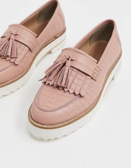 ASOS DESIGN Meze chunky fringed leather loafers in pink croc | ASOS (Global)