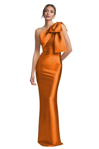 Monvelli One Shoulder Satin Prom Dress Orange Bridesmaid Dresses with Bow Long Mermaid Formal Evening Party Gowns for Women US Size 0 | Amazon (US)