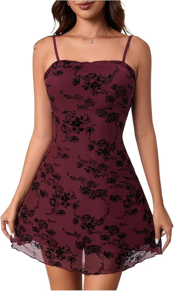 Verdusa Women's Mini Dress Floral Spaghetti Strap Mesh Dresses Going Out Festival Concert Outfits... | Amazon (US)