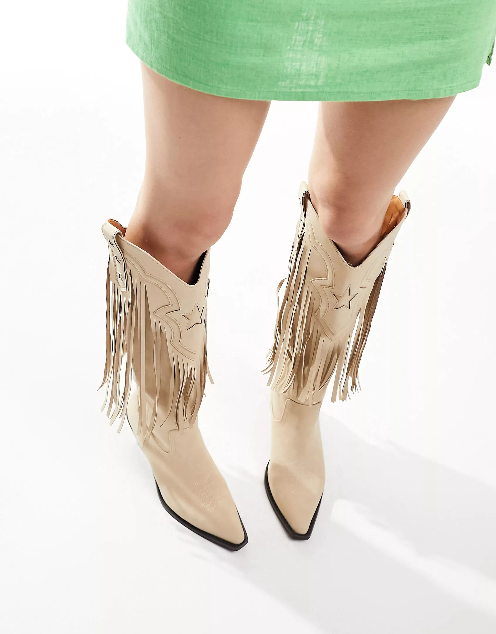 ASOS DESIGN Comet fringe western knee boots in beige | ASOS (Global)