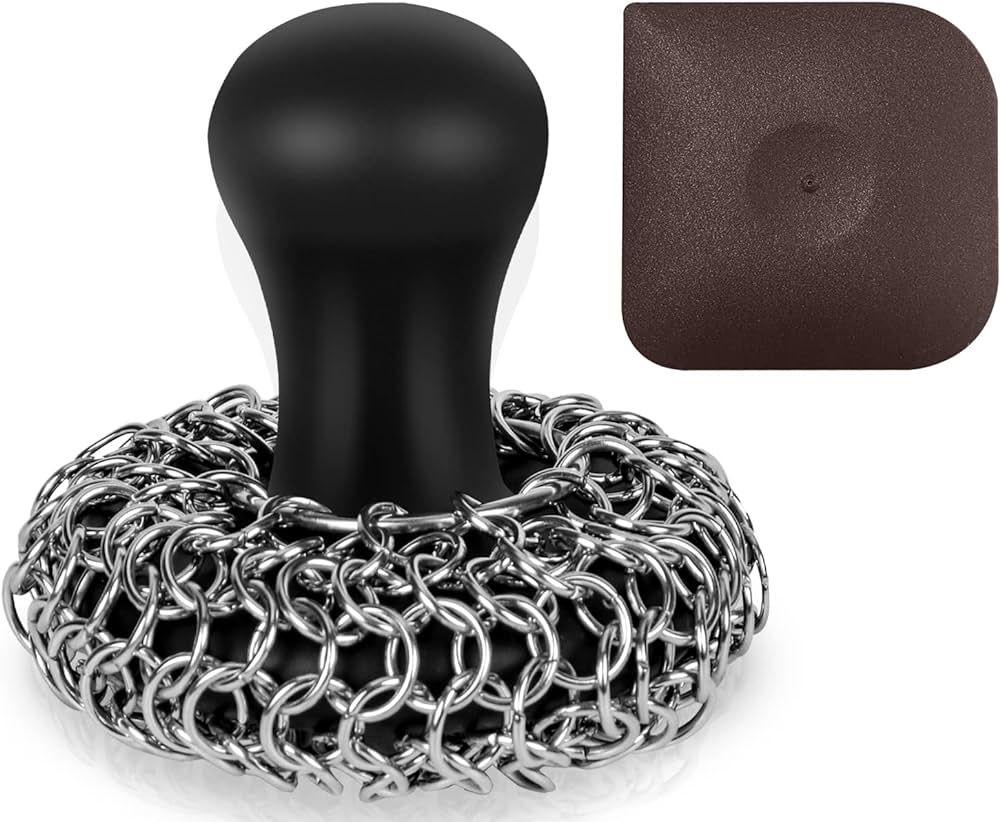 Cast Iron Cleaner Chainmail Scrubber with Pan Scraper, Upgraded Handle Cast Iron Scrubber Brush 3... | Amazon (US)