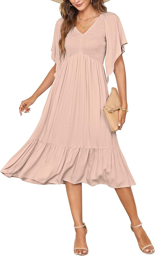 PYGFEMR Women's Summer Empire Waist Dress Smocked Flutter Short Sleeve V Neck Midi Dresses | Amazon (US)