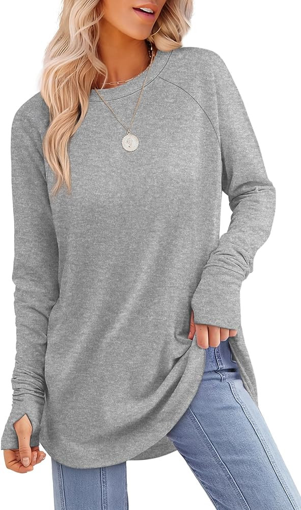 XIEERDUO Womens Tunic Tops to Wear with Leggings Long Sleeve Thumb Hole Shirts Crew Neck Curved H... | Amazon (US)