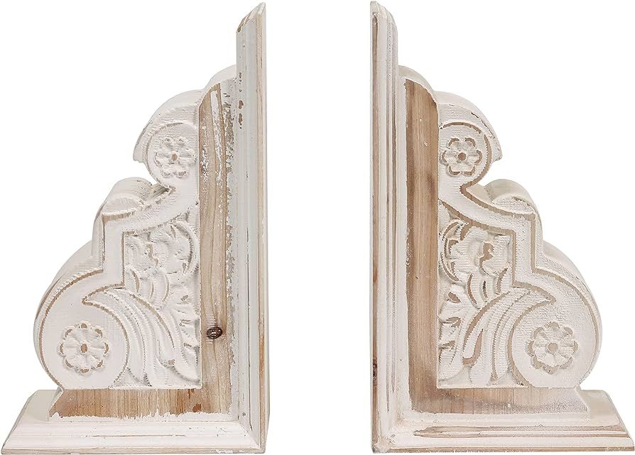 1 Pair Rustic Distressed Finish Wood Bookends, White Bookends Decorative Unique, Carved Pattern F... | Amazon (US)