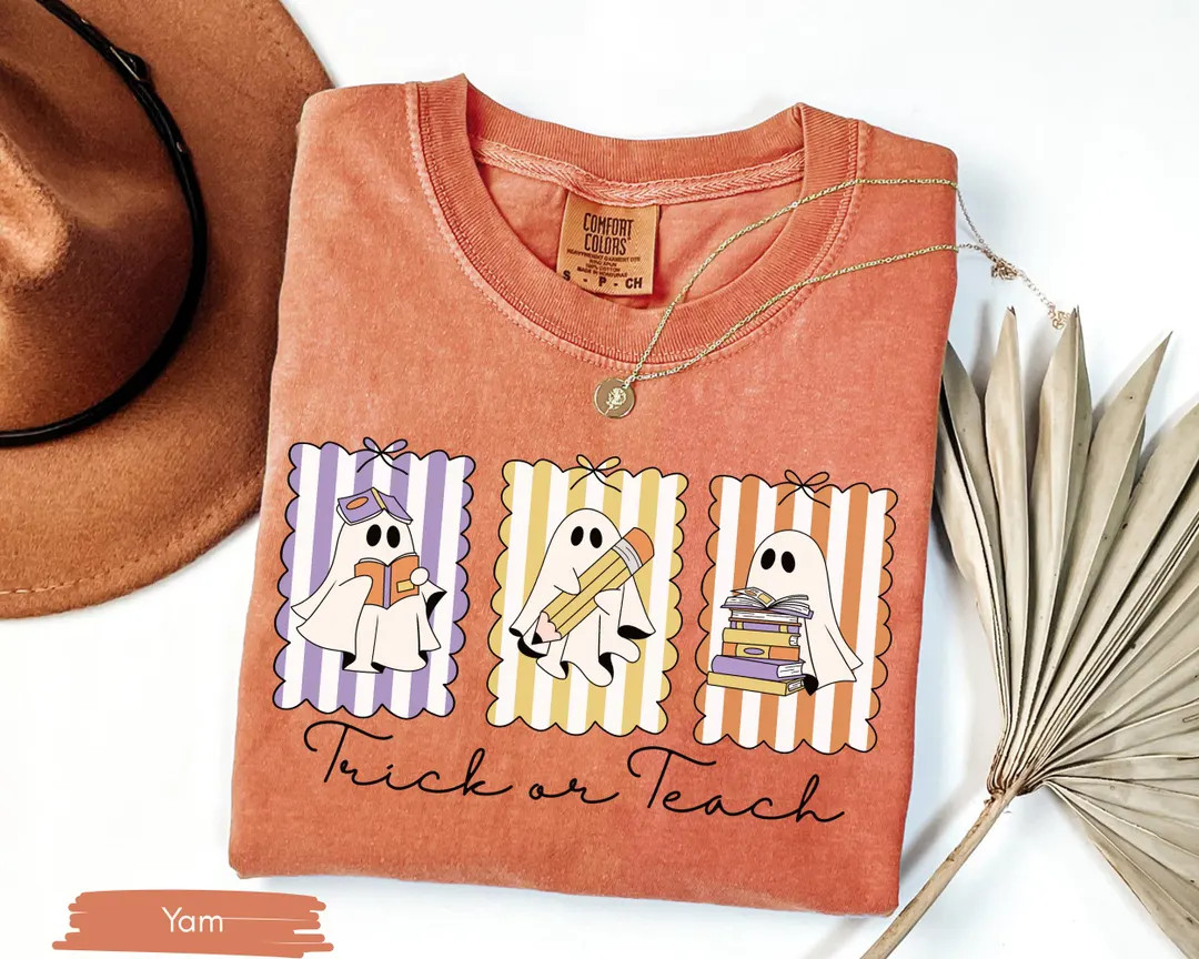 Comfort Colors® Trick or Teach Halloween Shirt, Spooky Ghost Teacher Tee, Cute Classroom Appreci... | Etsy (US)