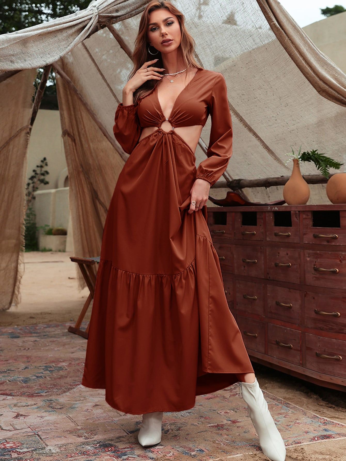 Solid Cut Out Ring A-line Dress | SHEIN