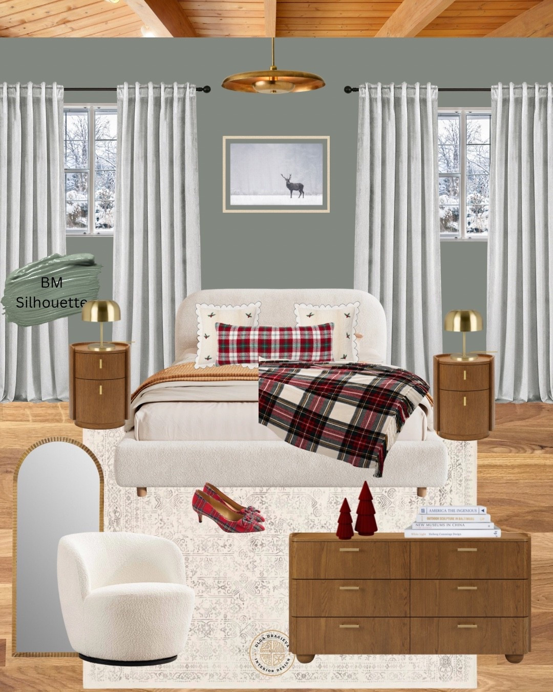 Christmas/winter bedroom mood board. I love the upholstered bed from Wayfair, dresser and nightstands from Article, vintage rug from Wayfair, table lamps from Article, curtains and boucle accent chair from Wayfair, art from Pottery Barn. #homedecor #bedroominspiration #christmas 

#LTKShoeCrush #LTKHoliday #LTKHome