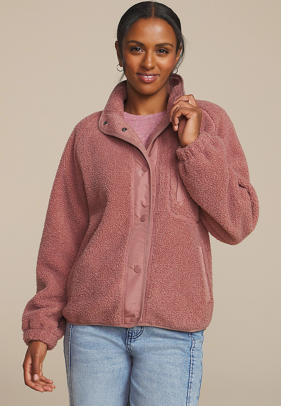 Sherpa Snap Button Front Jacket | Maurices