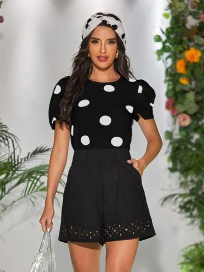 Keyhole Back Puff Sleeve Polka Dot Top | SHEIN