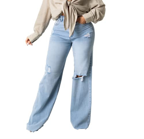 HTD Women's Ripped Wide Leg Jeans Casual Y2K Distressed Baggy Denim Pants Light Blue S | Amazon (US)