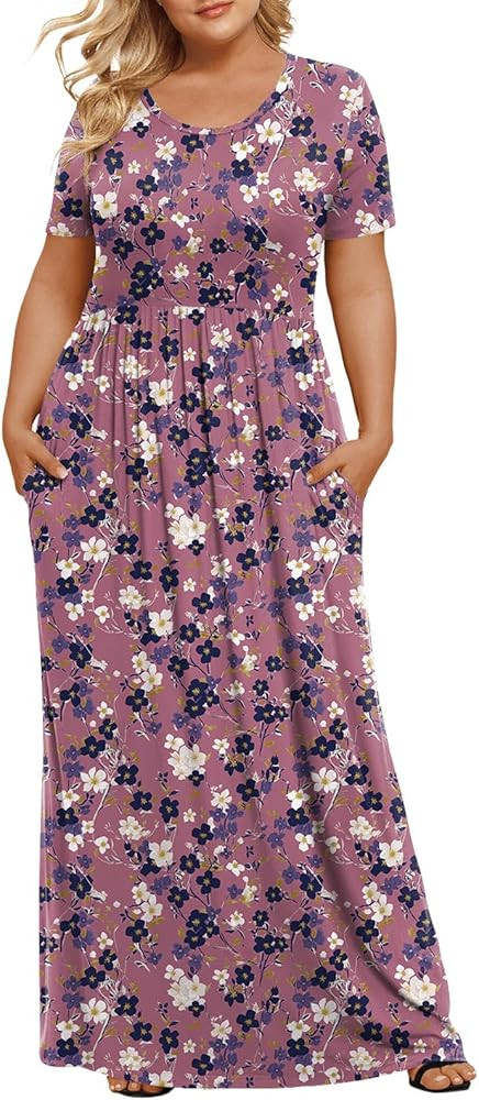 LONGYUAN Women's Plus Size Maxi Dresses for Curvy Women Summer Short Sleeve Casual 2026 Long Dres... | Amazon (US)