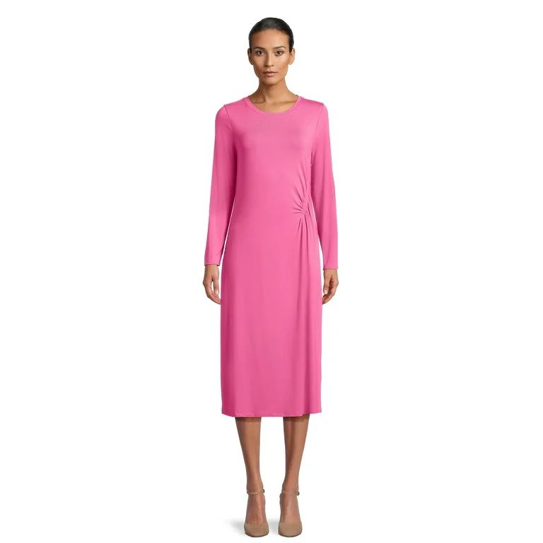 Time and Tru Women’s Long Sleeve Ruched Midi Dress - Walmart.com | Walmart (US)