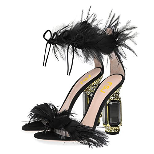 FSJ Women Open Toe Stylish Sandal Ankle Strap Chunky Block High Thick Heels Wedding Party Ballroom Prom Shoes Size 4 Black Feather | Amazon (US)