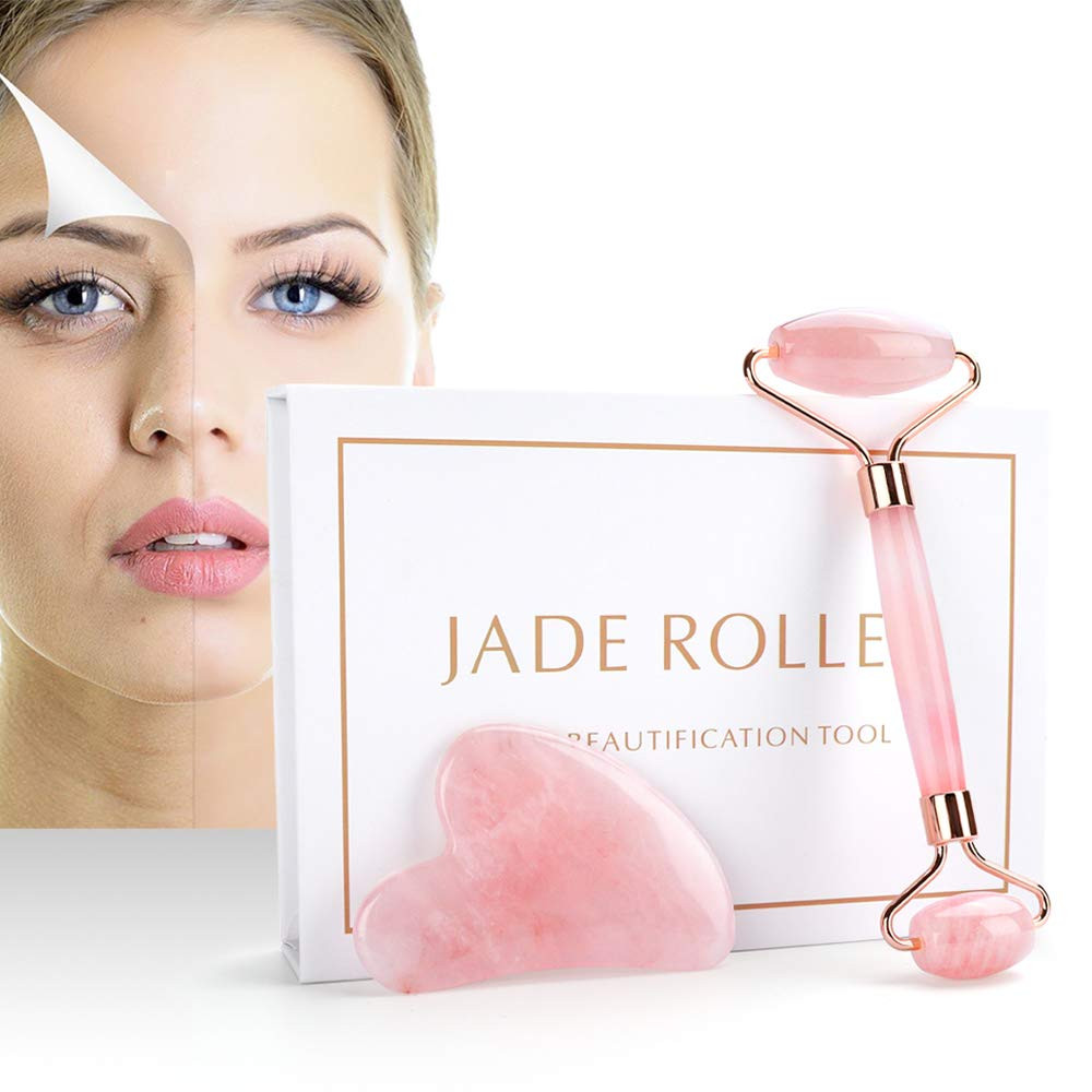 Jade Roller and Gua Sha Set, Rose Quartz Face Roller and Gua Sha Scrapping - 100% Natural Jade Fa... | Amazon (US)