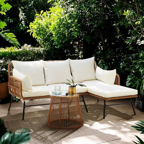 3-Piece Outdoor Patio Furniture Set, L-Shaped Rattan Sectional Sofa with Thick Cushions, Glass Co... | Amazon (US)