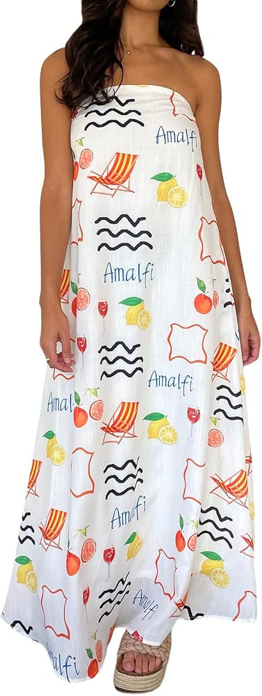 2024 Women Tube Dress Strapless Backless Fruit Print Swing Dress Loose Y2k Summer Long Dress | Amazon (US)