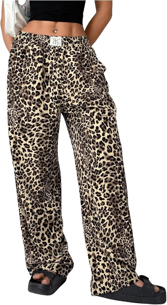 Women's Letter Leopard Print Straight Leg Pants Elastic Waist Y2K Trousers Bottoms with Pockets | Amazon (US)