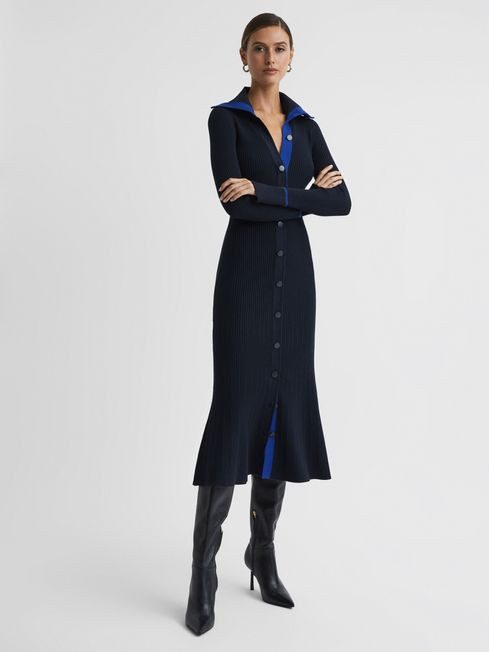 Reiss Navy/Blue Millie Knitted Ribbed Midi Dress | Reiss UK