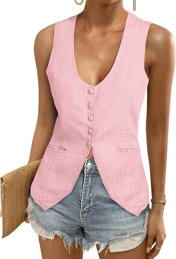 Tankaneo Womens Scoop Neck Blazer Vest Summer Linen Sleeveless Fitted Waistcoat Work Casual Cotto... | Amazon (US)