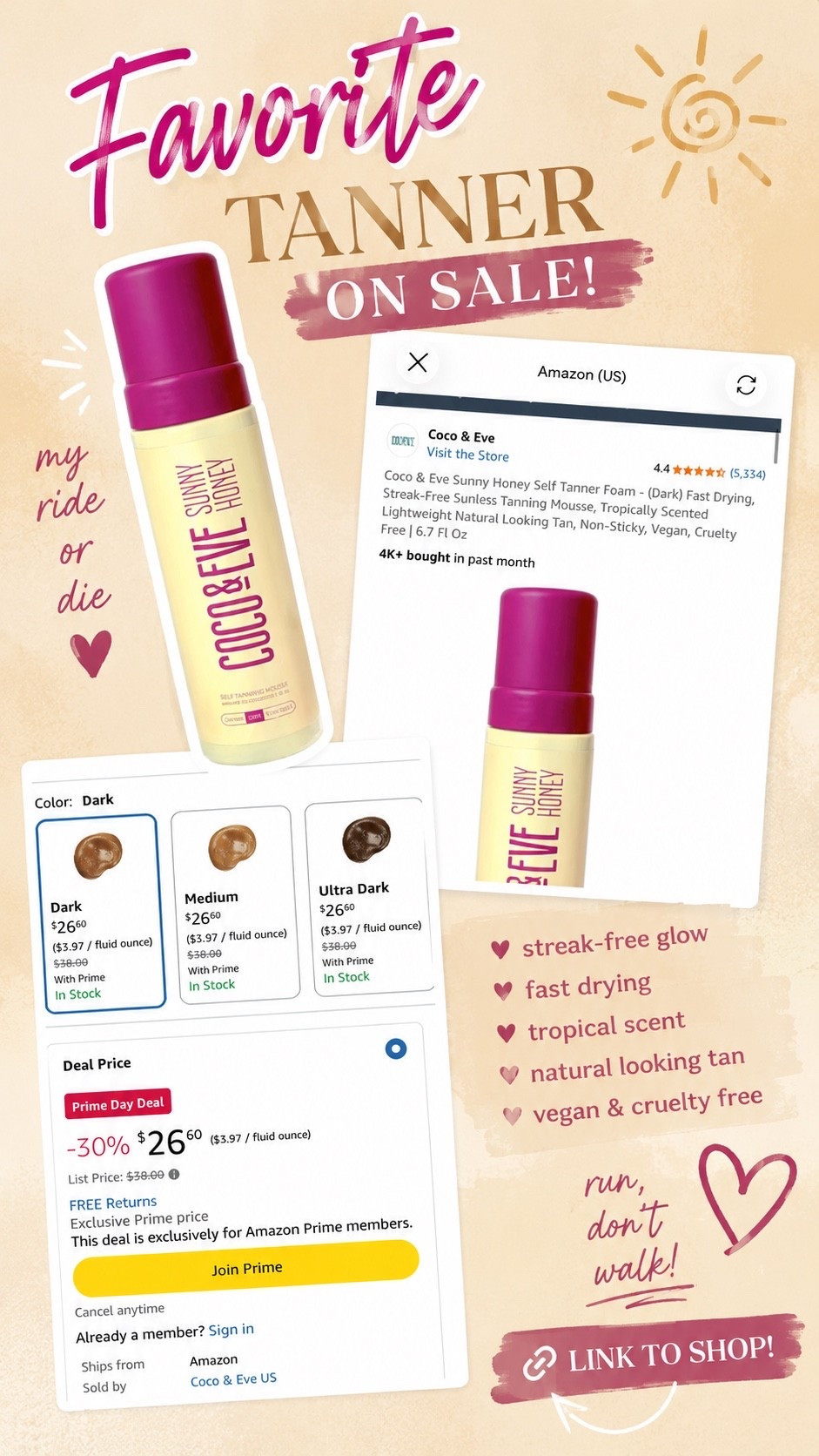 Prime Day means it’s time to stock up! 🤎 My ride-or-die self tanner is finally on sale, and I never let myself run out. If you’ve been influenced by my glow… now’s the time.

#AmazonPrimeDay #SelfTanner #CocoAndEve #SummerGlow #AmazonFinds

#LTKselfcare #LTKBeauty #LTKOver40