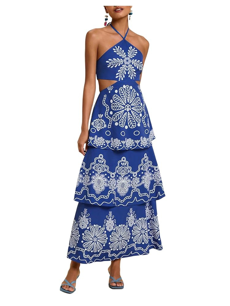 SHENHE Women's Summer Floral Tiered Maxi Dress Tie Halter Backless Flowy Boho Sundress | Amazon (US)