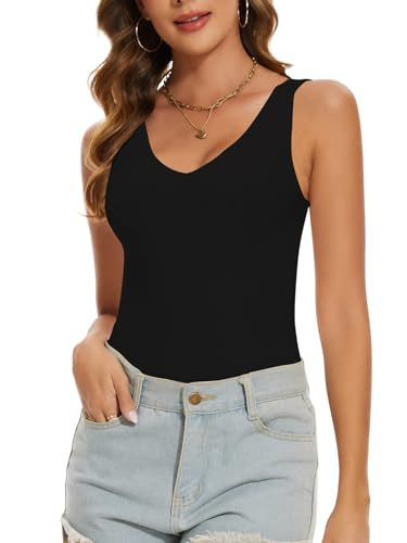 SHAPERIN Tank Top Body Suit Women's Sexy Deep V Neck Sleeveless Bodysuits Tops Thong Jumpsuit Black M | Amazon (US)