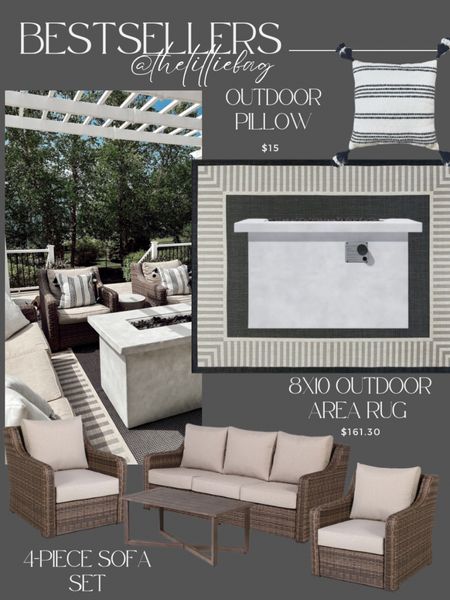 Bestsellers: $15 outdoor throw pillow! Great quality and comes with insert! 
*Outdoor area rug! Great size. We have the 8x10. Simple and easy to clean. 
*My patio set! Now on sale for 22% off. So comfy and still in stock! 

Outdoor decor. Patio. 

#LTKhome #LTKunder50 #LTKsalealert