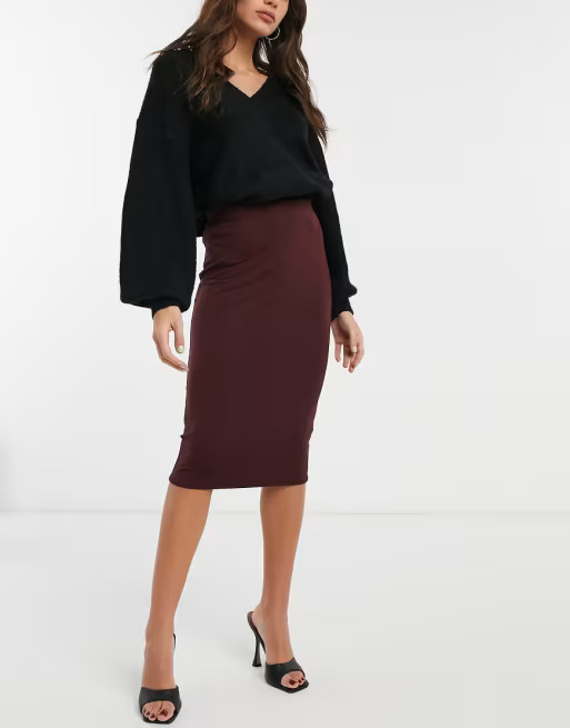 ASOS DESIGN jersey pencil midi skirt in burgundy | ASOS (Global)
