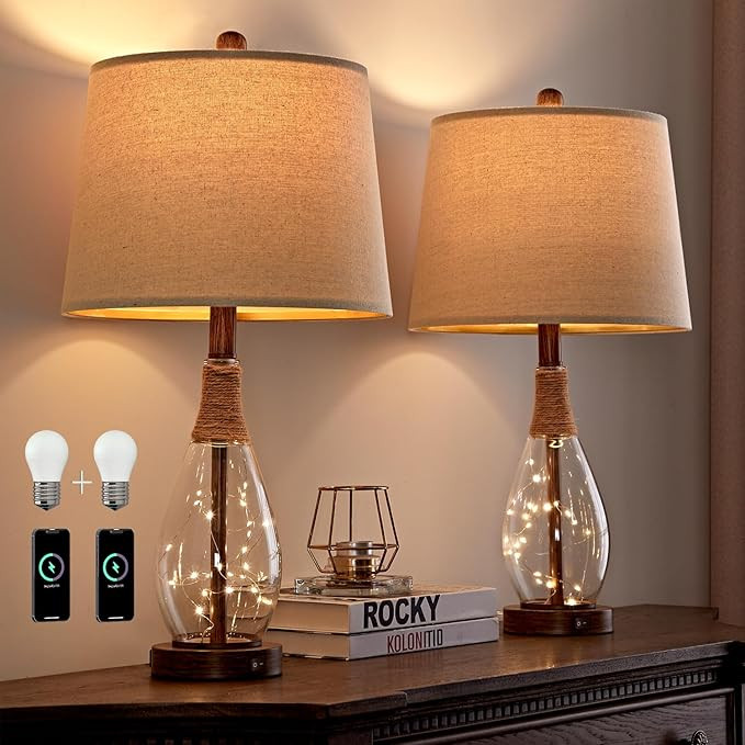 2 in 1 Bedside Table Lamps Set of 2, Farmhouse Glass Lamp, Wood-Like | Bedroom Lamps for Nightsta... | Amazon (US)