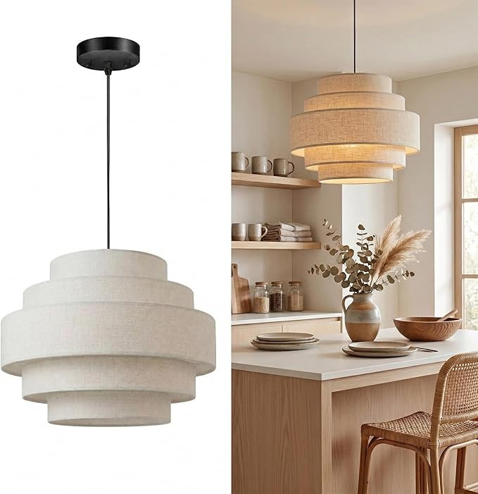 5-Tier Farmhouse Chandelier, 13" Modern Drum Pendant Light Fixture with Linen Lampshade, Adjustab... | Amazon (US)