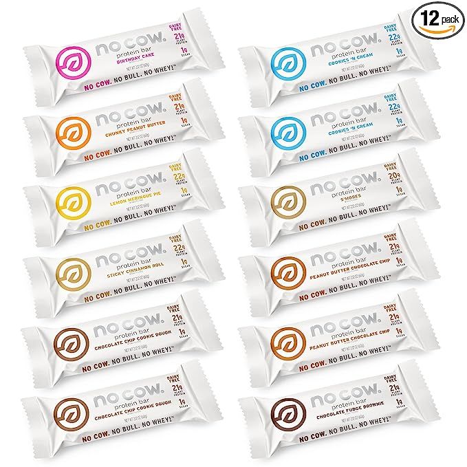 No Cow High Protein Bars, 12 Flavor Sampler Pack, 20g Plus Plant Based Vegan Protein, Keto Friend... | Amazon (US)