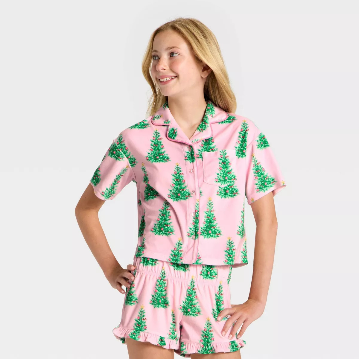 Girls' 2pc Holiday Short Sleeve Button-Down Pajama Set - art class™ | Target
