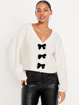SoSoft V-Neck Bow-Front Cardigan Sweater | Old Navy (US)