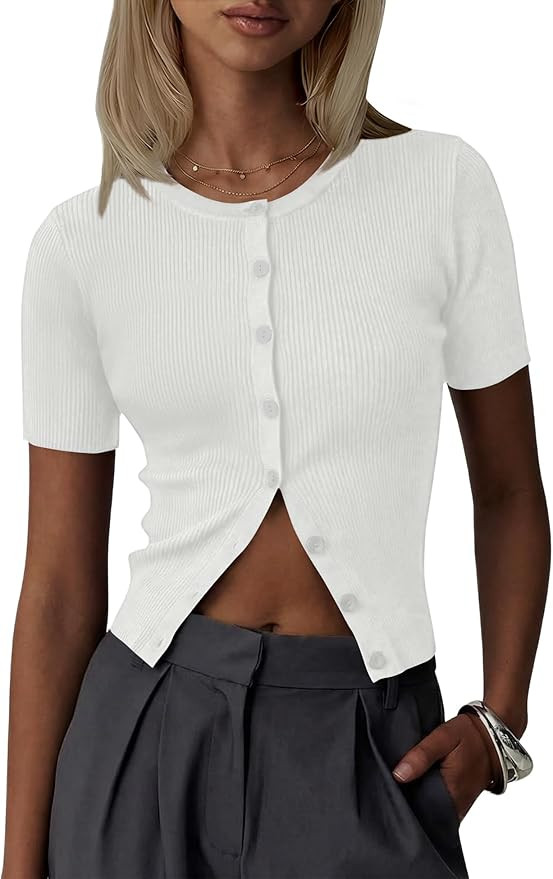 Kistore Short Sleeve Cardigan Women Summer Short Sleeve Lightweight Sweater Button Down Y2K Tops ... | Amazon (US)