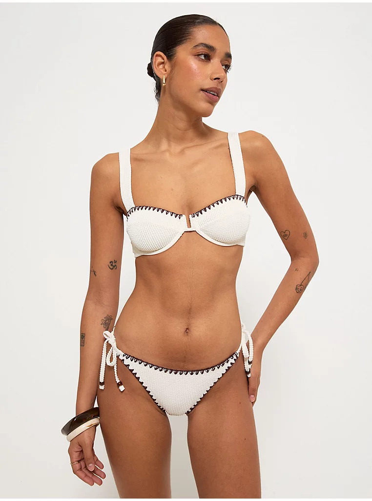 Cream Contrast Stitch Crinkle Bikini Top | George