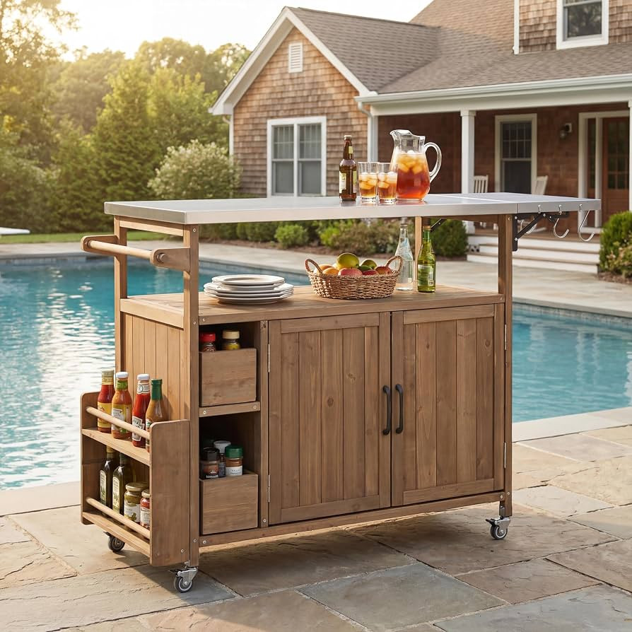 Christopher Knight Home Edsel Outdoor Bar Cart with Stainless Steel Top and Lockable Wheels, Soli... | Amazon (US)