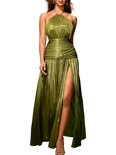 Kaei&Shi Metallic Pleated Dress,Halter Formal Cocktail Dresses with Slit,Sparkly Long Evening Gow... | Amazon (US)