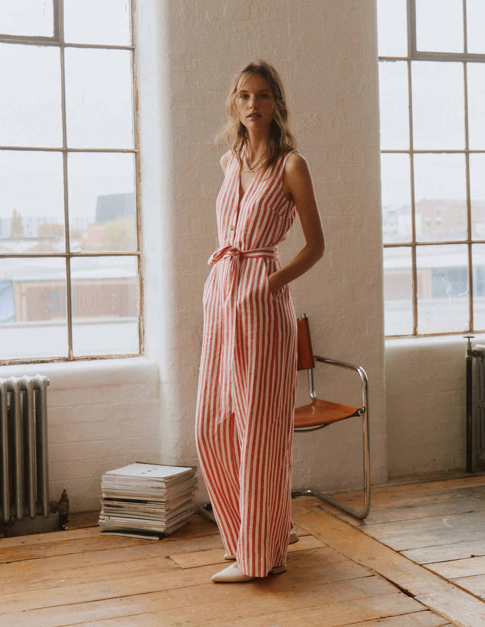 Laura V-neck Linen Jumpsuit-Red, Ivory Stripe | Boden (US)