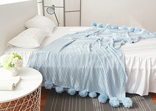 Knit Lightweight Solid Throw Blanket with Pom Poms Tassel 59" x 78", Light Blue | Amazon (US)