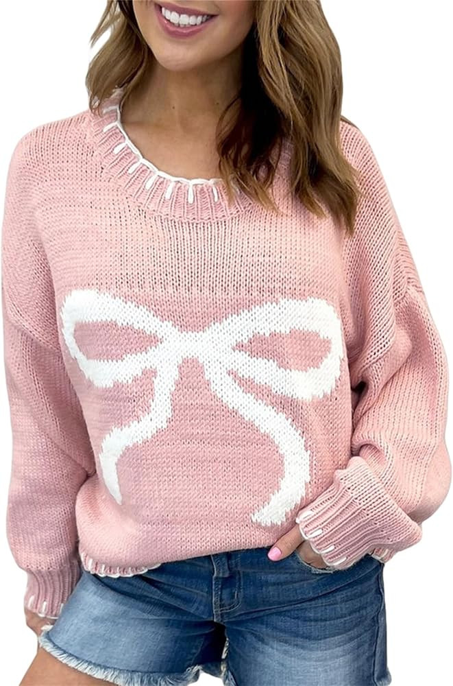 Women Y2k Bow Sweater Oversized Cute Print Long Sleeve Crewneck Knit Pullover Vintage Aesthetic C... | Amazon (US)