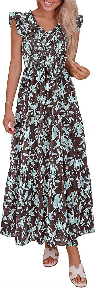 PRETTYGARDEN Women's Boho Floral Maxi Dress 2026 Summer Smocked V Neck Ruffle Sleeve Spring Flowy... | Amazon (US)