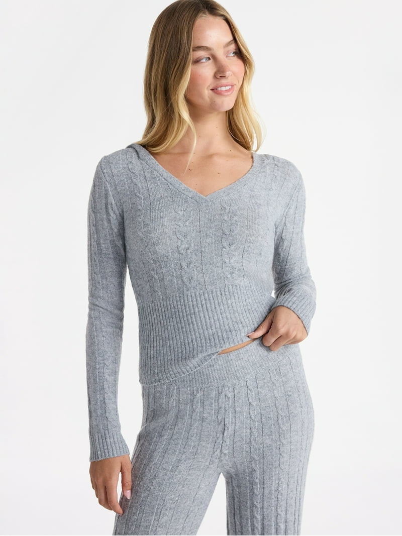 No Boundaries Cable Knit Sweater Hoodie, Lightweight, Women's | Walmart (US)
