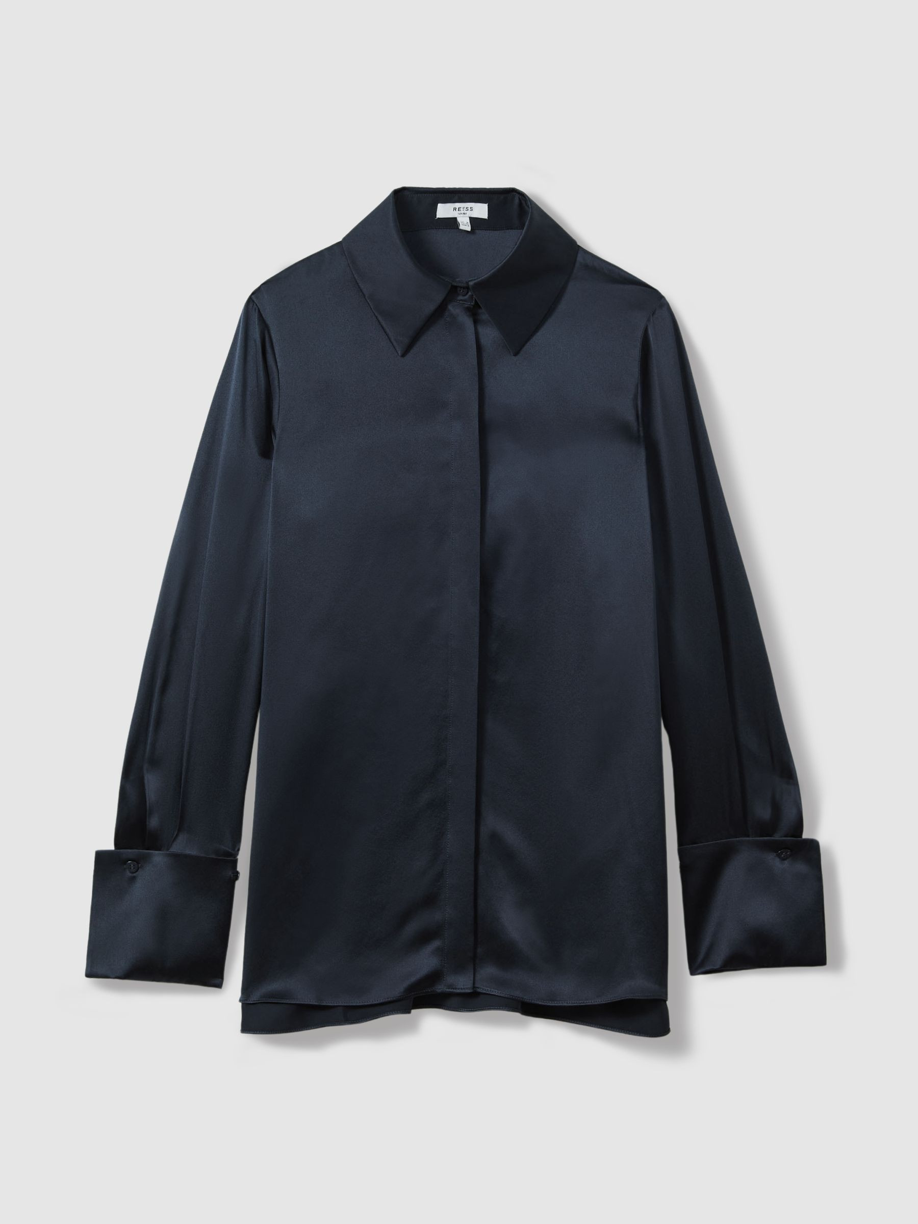 Silk Double-Cuff Button-Through Shirt in Navy | Reiss UK