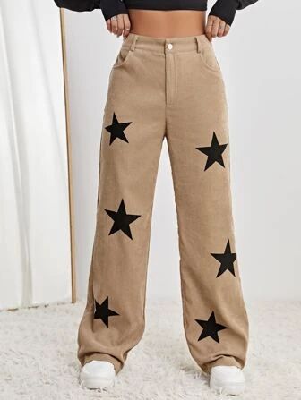 SHEIN Coolane Star Print High Waist Straight Leg Pants | SHEIN