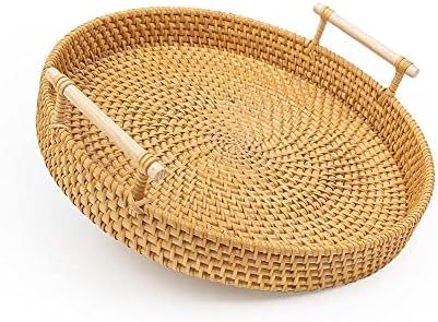 Round Wicker Tray with Wooden Handles. 11.8in Decorative Tray for Coffee Table, Ottoman Serving T... | Amazon (US)