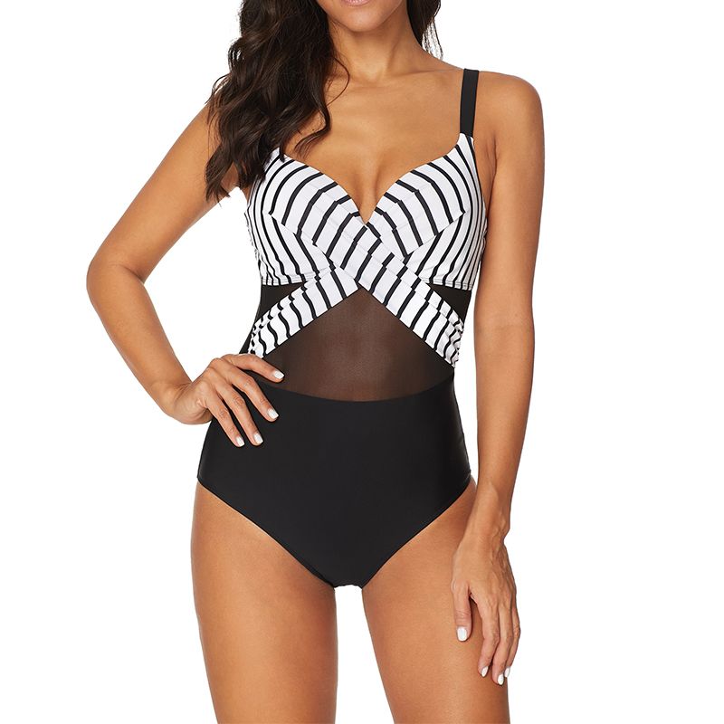 Women's Sexy Mesh Swimwear V-Neck Swimsuits Monokini Stripe Bathing Suit One Piece | Walmart (US)
