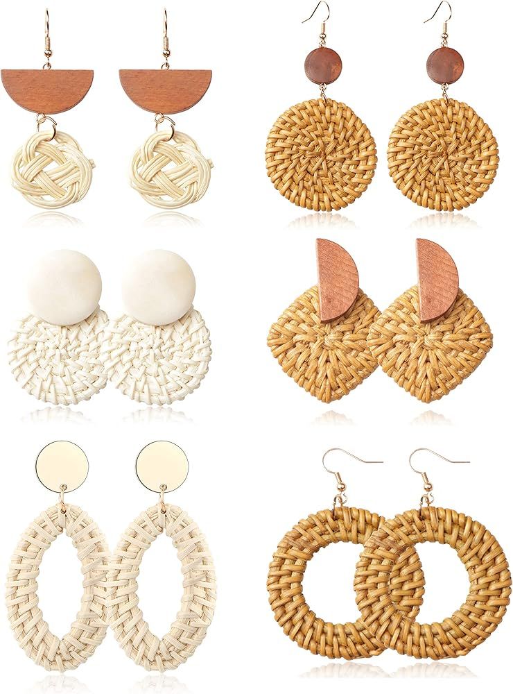 6 Pairs Rattan Drop Dangle Earrings Straws Boho Handmade Woven Earrings for Women Geometric Light... | Amazon (US)