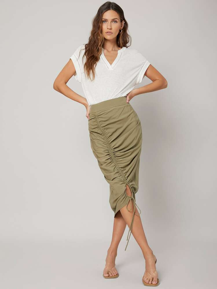 MOTF PREMIUM LINEN GATHERED STRAIGHT SKIRT | SHEIN